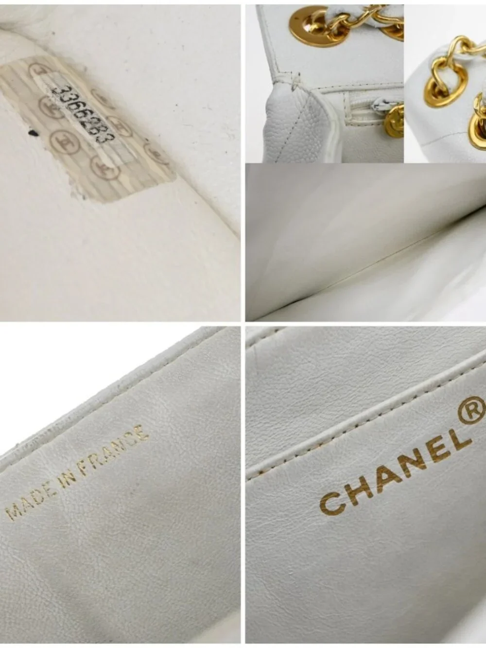 CHANEL CC Chain Shoulder Bag Grained Calfskin Leather White Vintage